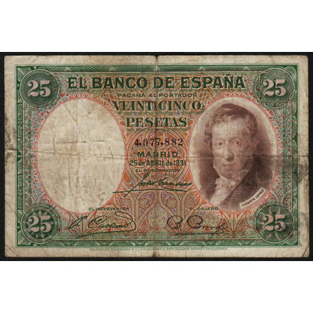 Espagne - Pick 81 - 25 pesetas - 25/04/1931 - Sans série - Etat : B+