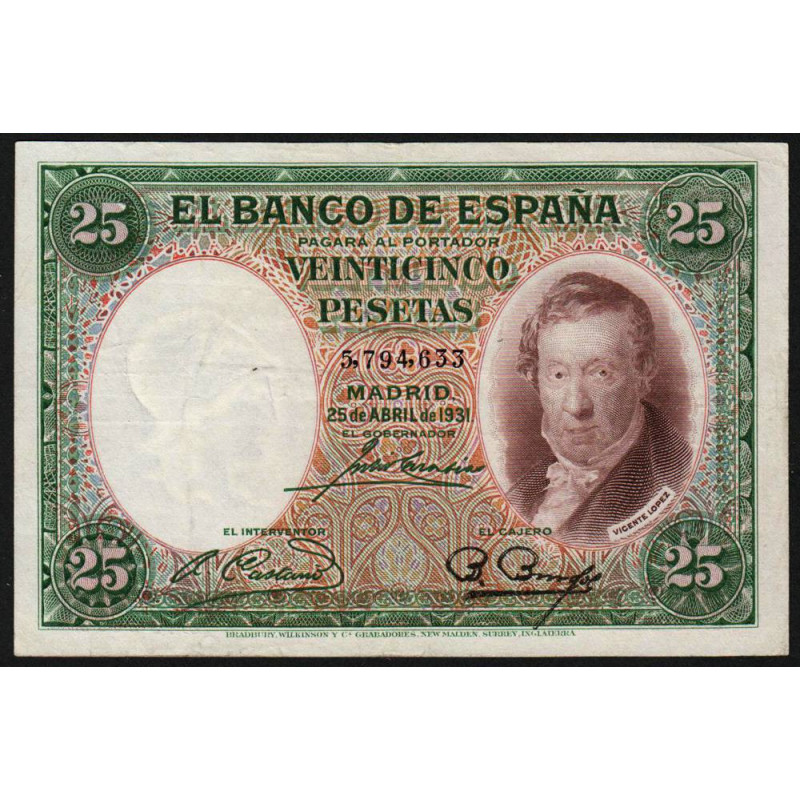 Espagne - Pick 81 - 25 pesetas - 25/04/1931 - Sans série - Etat : TTB+