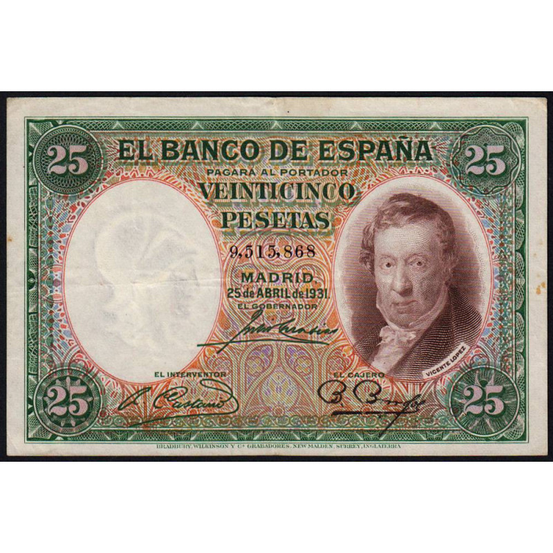 Espagne - Pick 81 - 25 pesetas - 25/04/1931 - Sans série - Etat : TTB