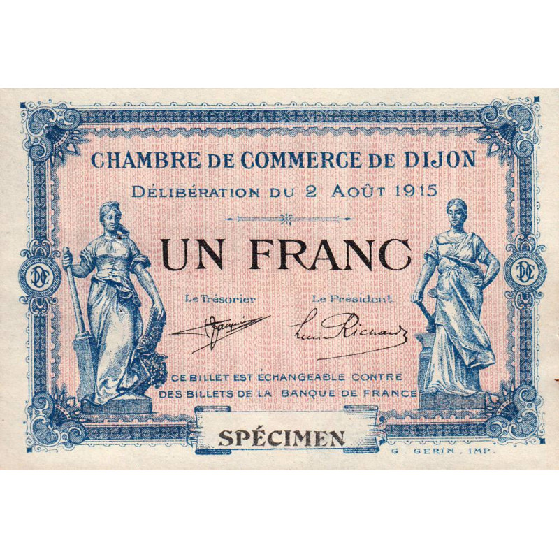 Dijon - Pirot 53-5 - 1 franc - Sans série - 02/08/1915 - Spécimen - Etat : SUP+
