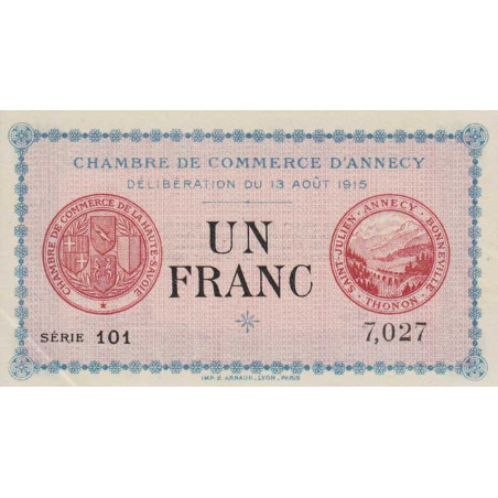 Annecy - Pirot 10-1 - 1 franc - Série 101 - 13/08/1915 - Etat : SPL