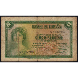 Espagne - Pick 85 - 5 pesetas - 1935 - Sans série - Etat : B+