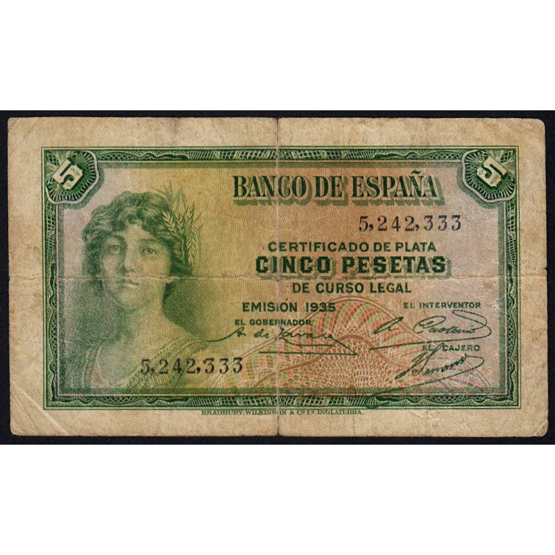 Espagne - Pick 85 - 5 pesetas - 1935 - Sans série - Etat : TB