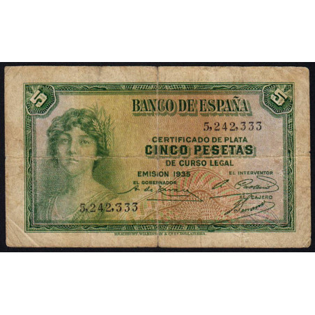 Espagne - Pick 85 - 5 pesetas - 1935 - Sans série - Etat : TB