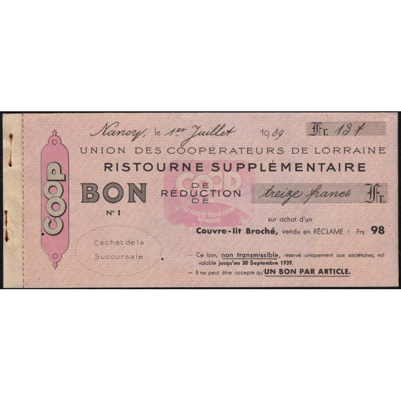 54 - Nancy - Union des Coopérateurs de Lorraine - Bon - 13 francs - 1939 - Etat : SUP