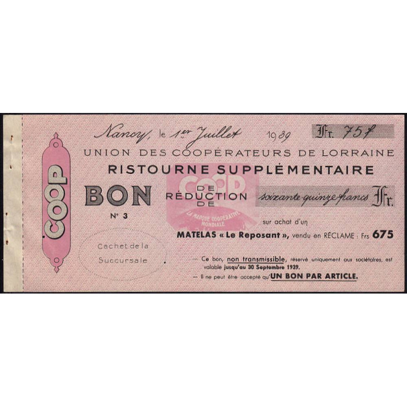 54 - Nancy - Union des Coopérateurs de Lorraine - Bon - 75 francs - 1939 - Etat : SUP