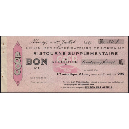 54 - Nancy - Union des Coopérateurs de Lorraine - Bon - 35 francs - 1939 - Etat : SUP