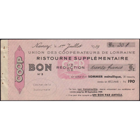 54 - Nancy - Union des Coopérateurs de Lorraine - Bon - 30 francs - 1939 - Etat : SUP