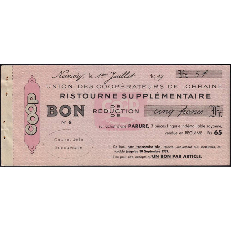 54 - Nancy - Union des Coopérateurs de Lorraine - Bon - 5 francs - 1939 - Etat : SUP