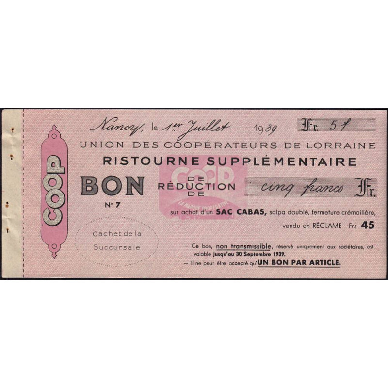 54 - Nancy - Union des Coopérateurs de Lorraine - Bon - 5 francs - 1939 - Etat : SUP