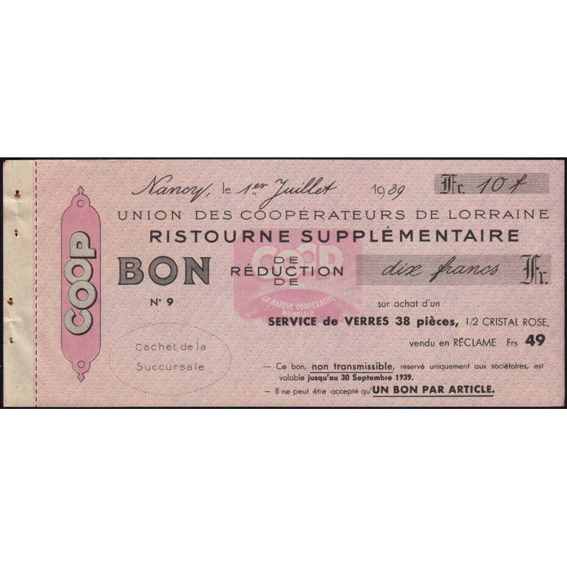 54 - Nancy - Union des Coopérateurs de Lorraine - Bon - 10 francs - 1939 - Etat : SUP