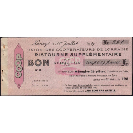 54 - Nancy - Union des Coopérateurs de Lorraine - Bon - 25 francs - 1939 - Etat : SUP