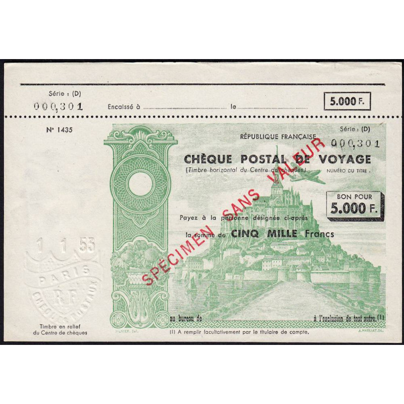 Chèque postal de voyage - 5000 francs - 1953 - Spécimen - Etat : SUP+