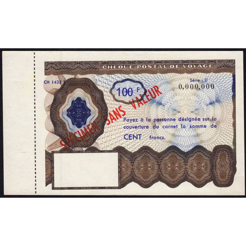 Chèque postal de voyage - 100 francs - 1965 - Spécimen - Etat : SPL