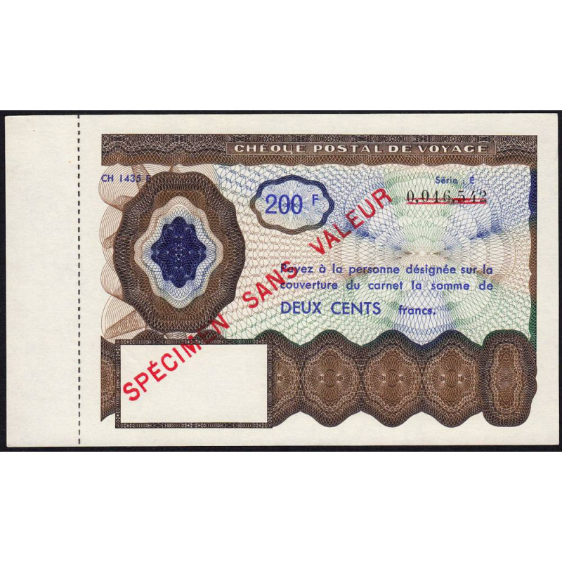 Chèque postal de voyage - 200 francs - 1965 - Spécimen - Etat : SPL