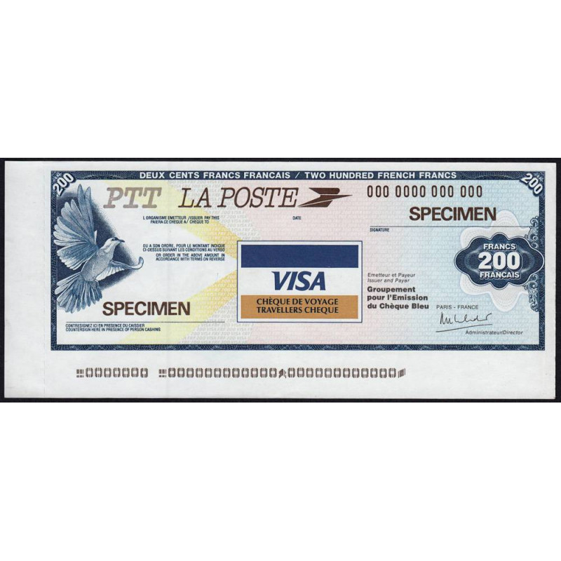 Chèque de voyage - La Poste - 200 francs - 1987 - Spécimen - Etat : SPL