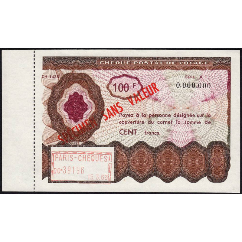 Chèque postal de voyage - 100 francs - 1963 - Spécimen - Etat : SPL