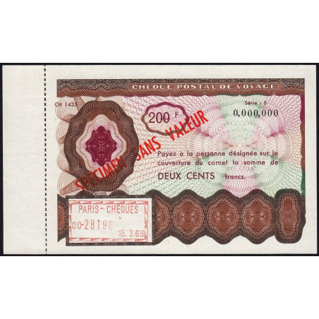 Chèque postal de voyage - 200 francs - 1963 - Spécimen - Etat : SPL