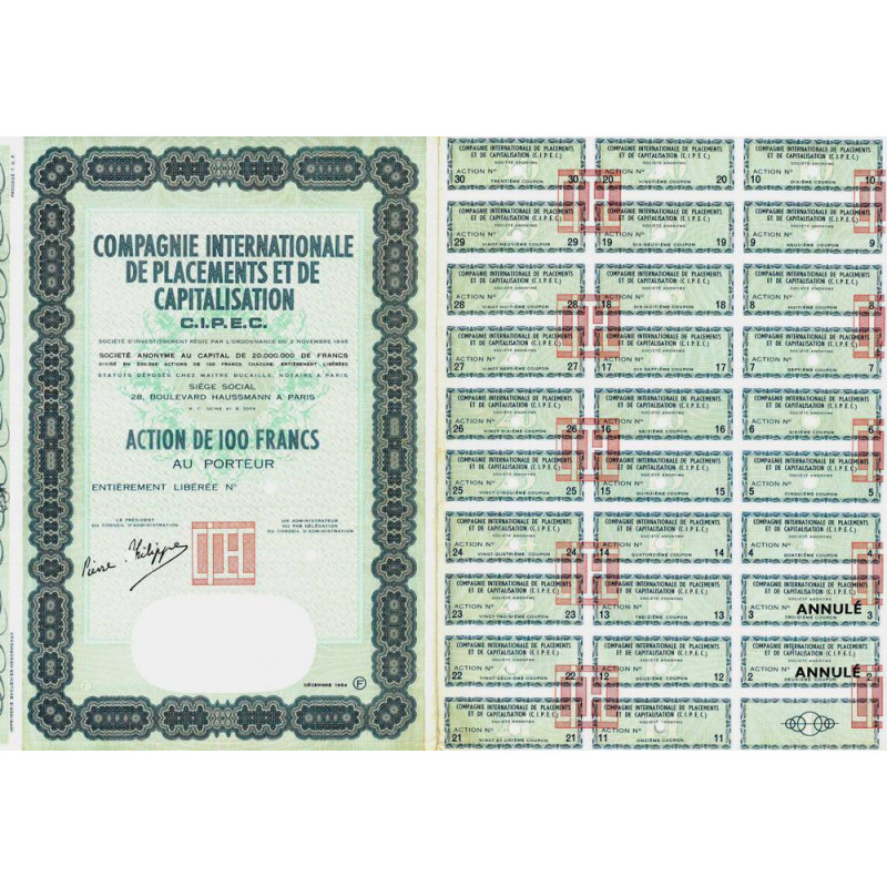 Compa. Intern. Placem. et Capitalisation - 100 francs - 1964 - Spécimen - SUP+