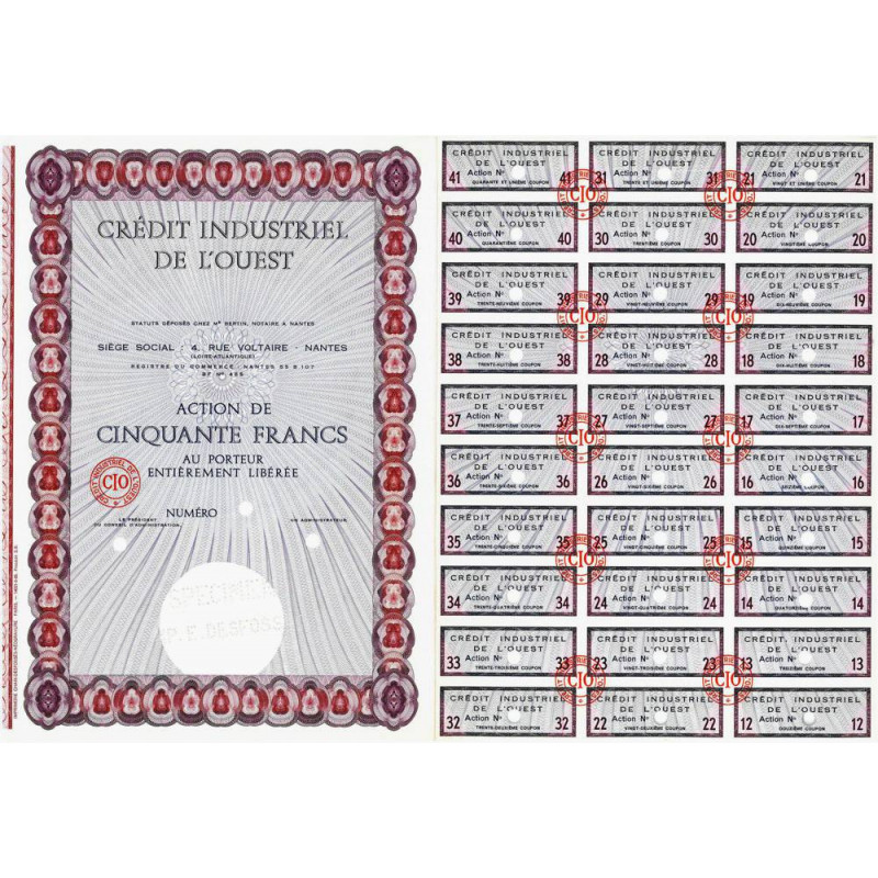44 - Nantes - Crédit Indus. de l'Ouest - 50 francs - 1965 - Spécimen - SUP+