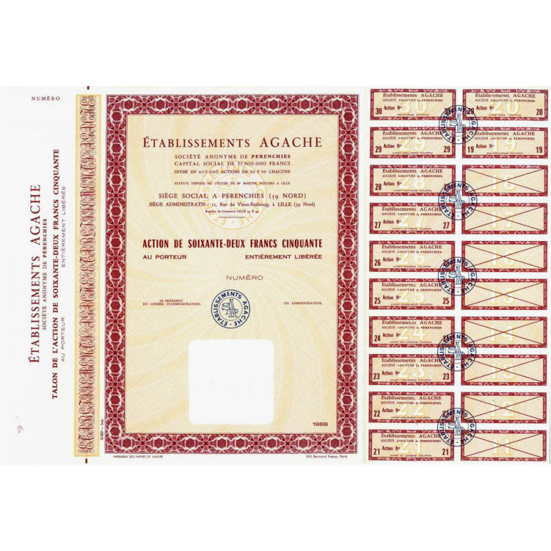 59 - Pérenchies - Etabl. Agache - 62,50 francs - 1966 - Spécimen - SUP+