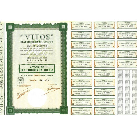 10 - Troyes - Etablissements Vitoux - 100 NF - 1962 - Spécimen - SUP+