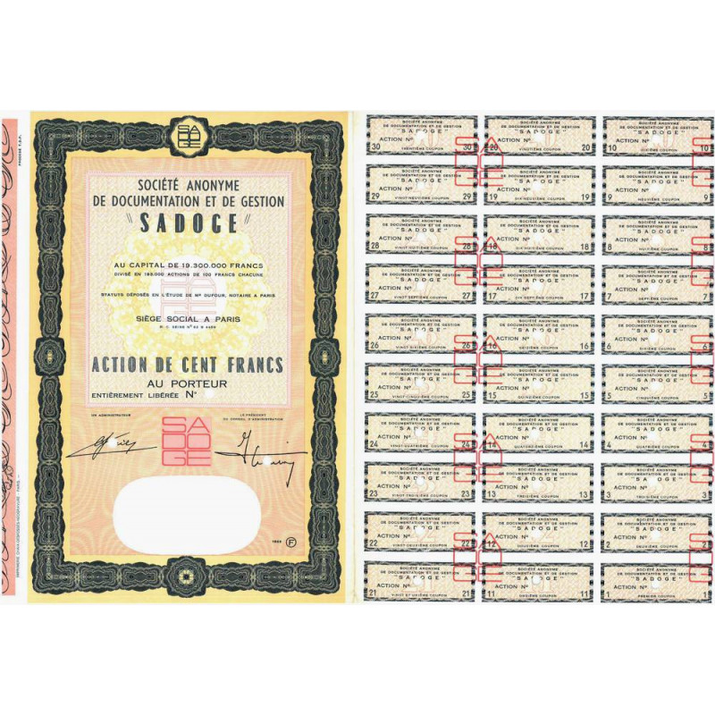 S.A. de Documentation et de Gestion - 100 francs - 1966 - Spécimen - SUP+