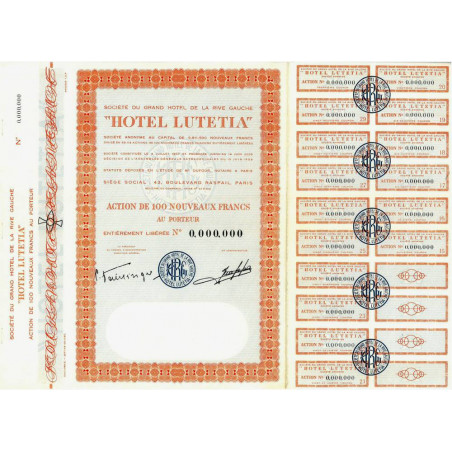 75 - Paris - Soc. du Grand Hôtel Lutetia - 100 NF - 1960 - Spécimen - SUP+