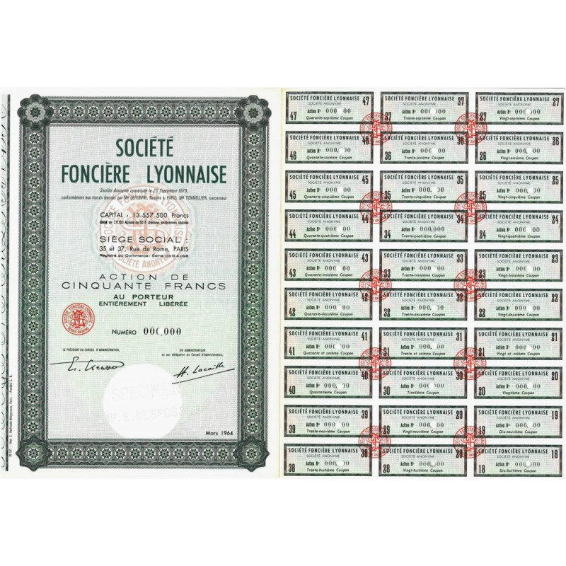 Soc. Foncière Lyonnaise - 50 francs - 1964 - Spécimen - SUP+