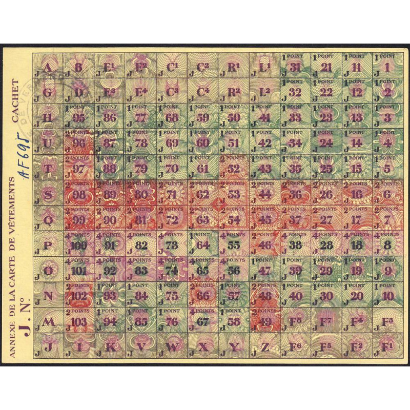 Annexe carte de vêtements - Catégorie J - 1944 - Vermand (02) - Etat : NEUF