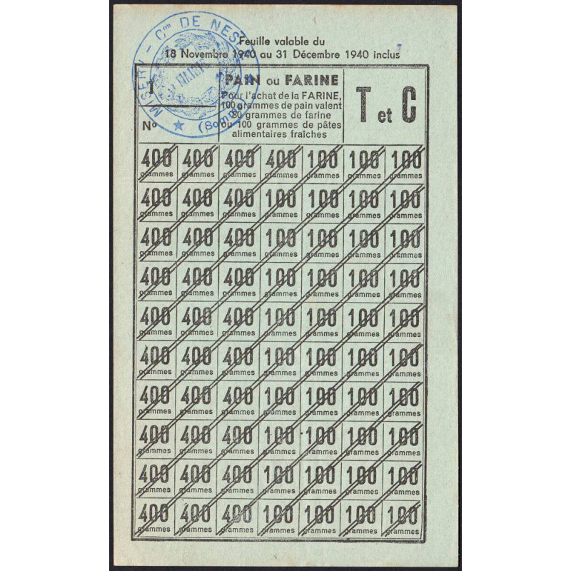 1940 - Feuille de tickets pain ou farine - Catégories T et C - Nov. déc. - Nesle (80) - Etat : SUP