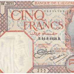 Algérie - Pick 77a_1 - 5 francs - Série W.2891 (remplacement) - 14/08/1928 - Etat : SUP-