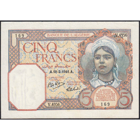 Algérie - Pick 77b - 5 francs - Série V.4956 - 19/02/1941 - Etat : SUP