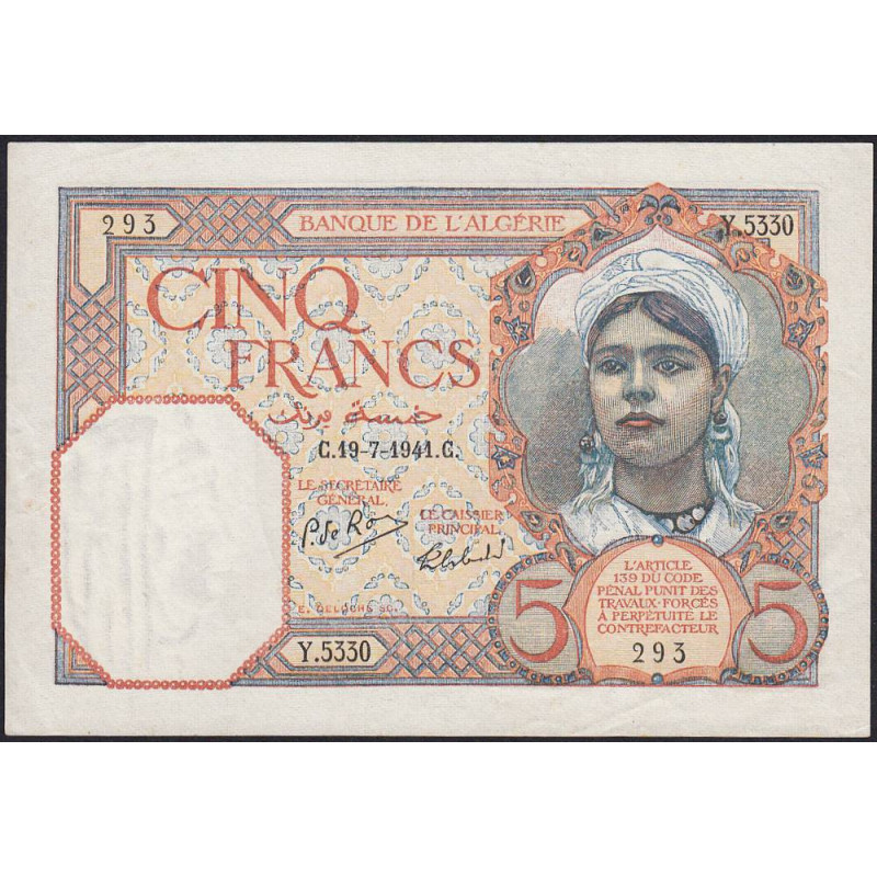 Algérie - Pick 77b - 5 francs - Série Y.5330 - 19/07/1941 - Etat : SUP