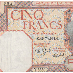 Algérie - Pick 77b - 5 francs - Série Y.5330 - 19/07/1941 - Etat : SUP