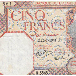 Algérie - Pick 77b - 5 francs - Série A.5345 - 25/07/1941 - Etat : TTB+