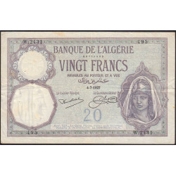 Algérie - Pick 78b - 20 francs - Série W.2431 (remplacement) - 04/07/1927 - Etat : TTB