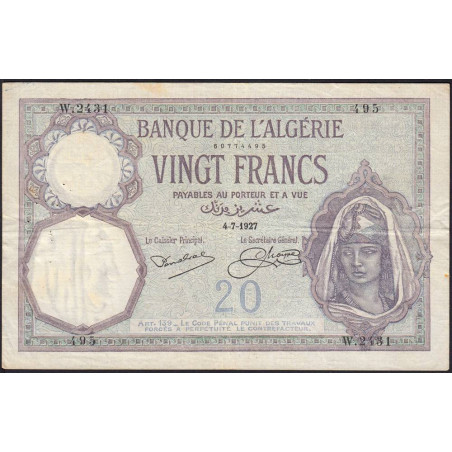 Algérie - Pick 78b - 20 francs - Série W.2431 (remplacement) - 04/07/1927 - Etat : TTB