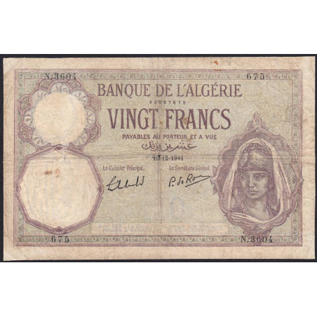 Algérie - Pick 78c_2 - 20 francs - Série N.3604 - 19/12/1941 - Etat : TB-