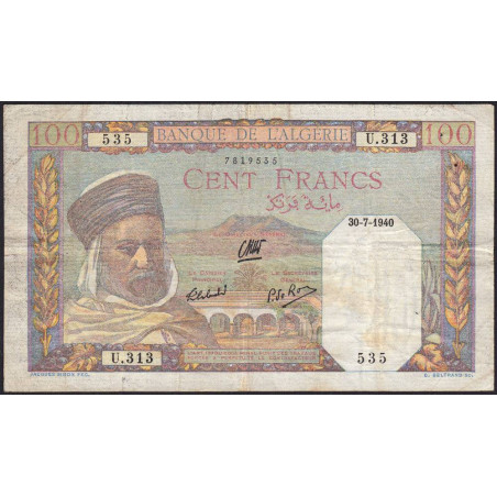 Algérie - Pick 85_1 - 100 francs - Série U.313 - 30/07/1940 - Etat : TB+