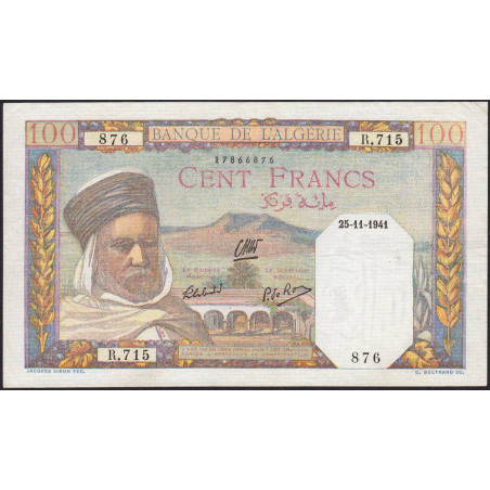 Algérie - Pick 85_1 - 100 francs - Série R.715 - 25/11/1941 - Etat : SUP