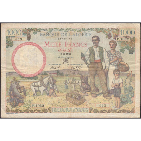 Algérie - Pick 86 - 1'000 francs - Série P.1032 - 03/11/1942 - Etat : TB+