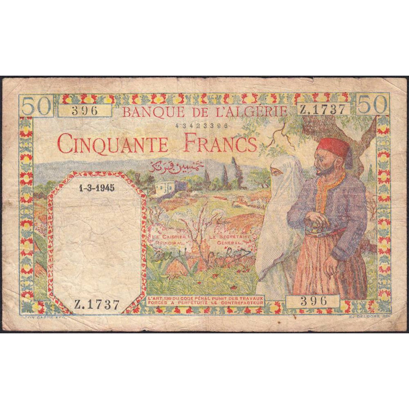 Algérie - Pick 87 - 50 francs - 01/03/1945 - Etat : TB