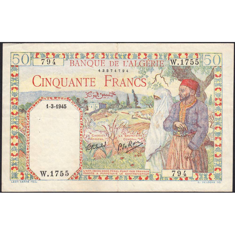 Algérie - Pick 87 - 50 francs - 01/031945 - Etat : SUP-