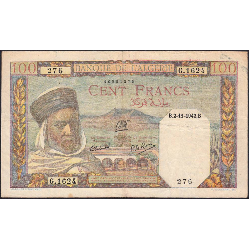 Algérie - Pick 88 - 100 francs - Série G.1624 - 02/11/1942 - Etat : TTB-