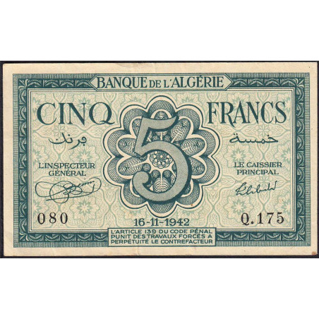 Algérie - Pick 91 - 5 francs - Série Q.175 - 16/11/1942 - Etat : TTB
