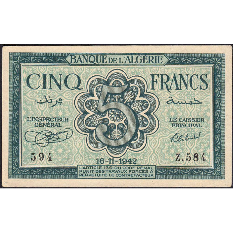Algérie - Pick 91 - 5 francs - Série Z.584 - 16/11/1942 - Etat : SPL