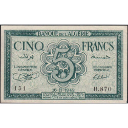 Algérie - Pick 91 - 5 francs - Série H.870 - 16/11/1942 - Etat : SPL