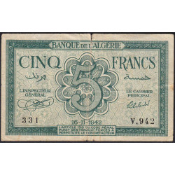 Algérie - Pick 91 - 5 francs - Série V.942 - 16/11/1942 - Etat : TB