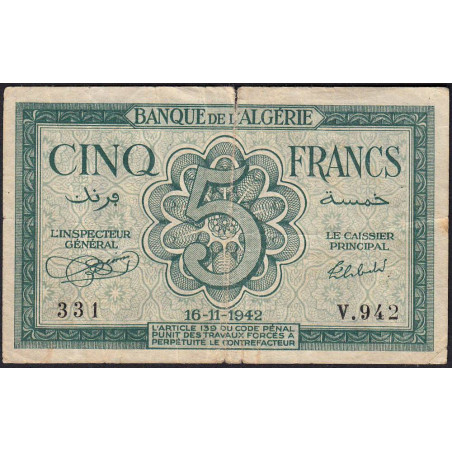 Algérie - Pick 91 - 5 francs - Série V.942 - 16/11/1942 - Etat : TB
